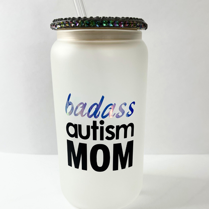 Badass Autism Mom Bamboo Top Glass Tumbler