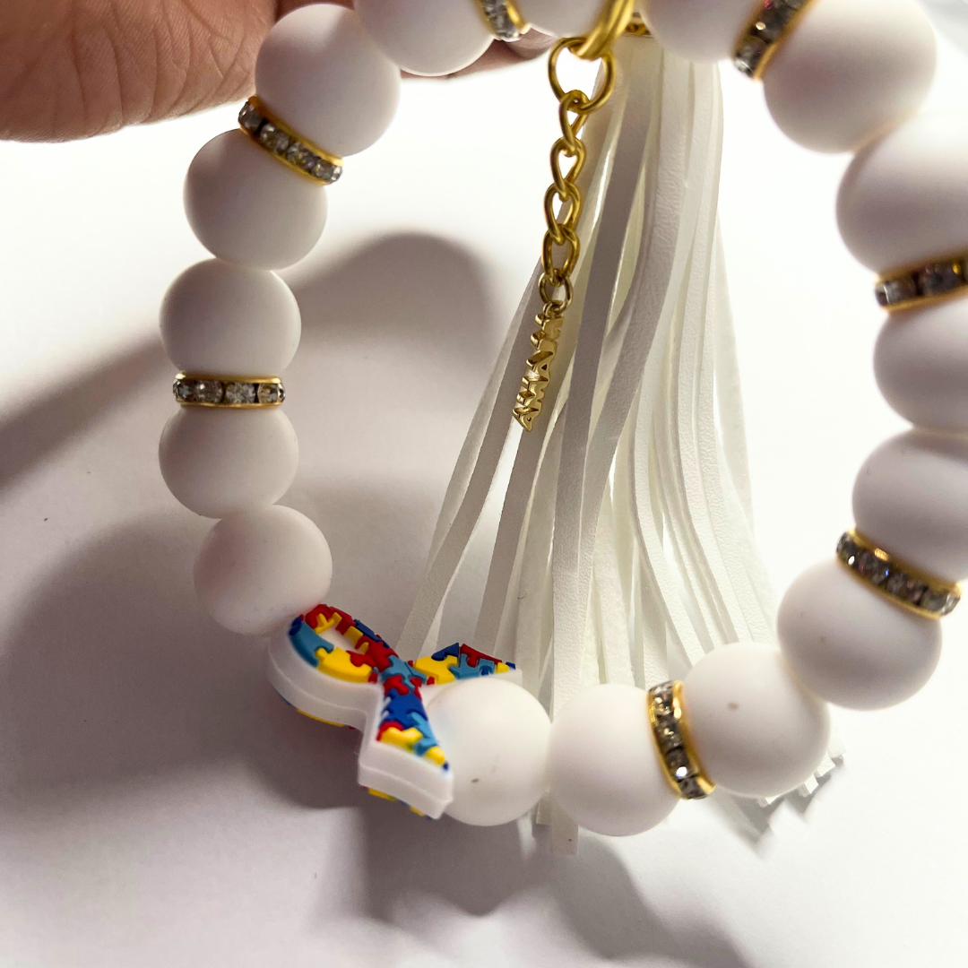 Autism Beaded Bracelet Keychain -White and Gold