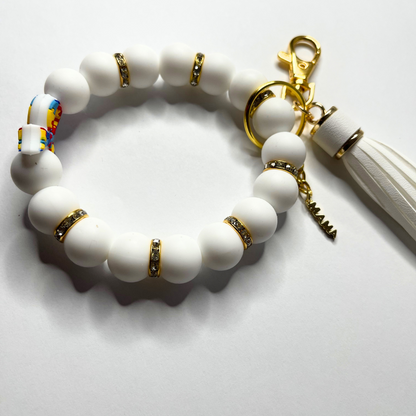 Autism Beaded Bracelet Keychain -White and Gold