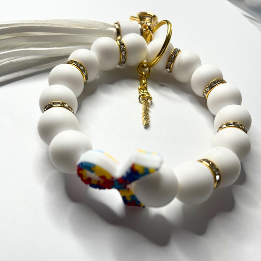 Autism Beaded Bracelet Keychain -White and Gold