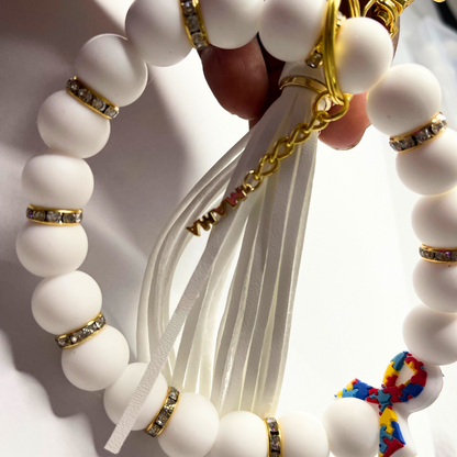 Autism Beaded Bracelet Keychain -White and Gold