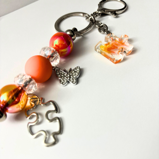 Autism Beaded Keychain - Orange Silver
