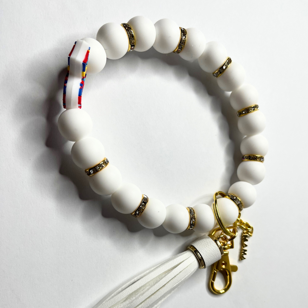 Autism Beaded Bracelet Keychain -White and Gold