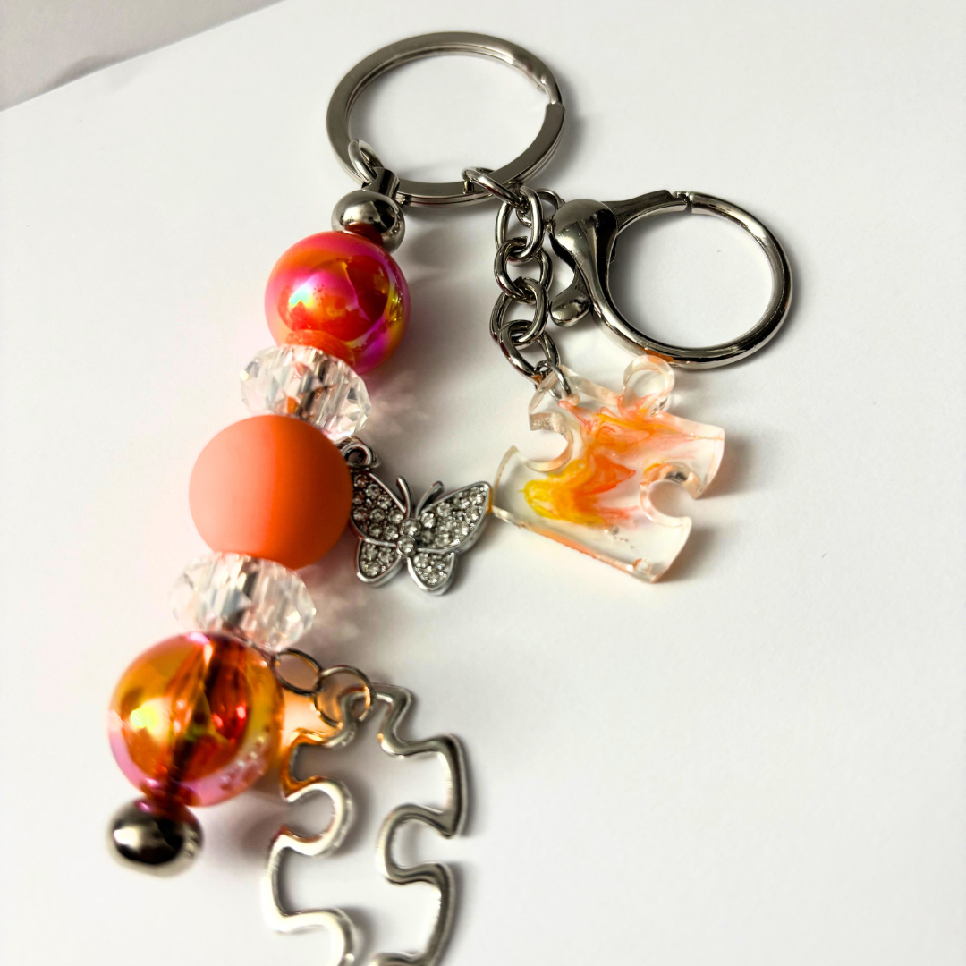 Autism Beaded Keychain - Orange Silver