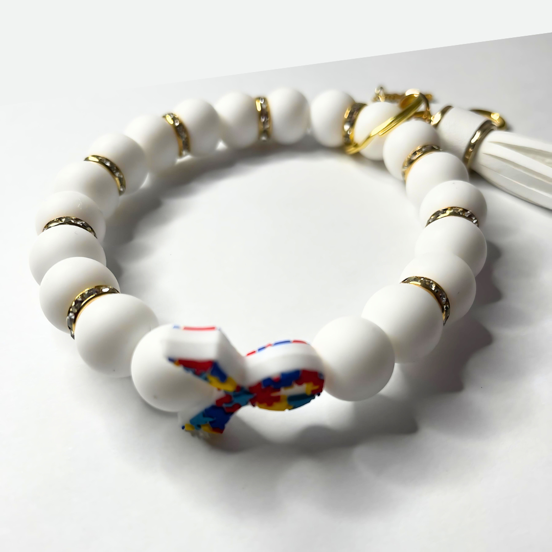 Autism Beaded Bracelet Keychain -White and Gold