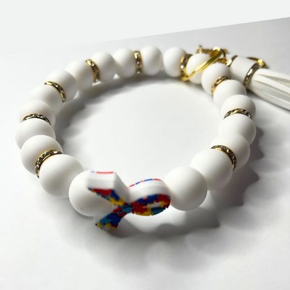 Autism Beaded Bracelet Keychain -White and Gold